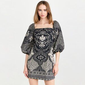 Cara Cara Montauk Black Scroll Terrace Cotton Puff Sleeve Shift Dress - XXS NWT